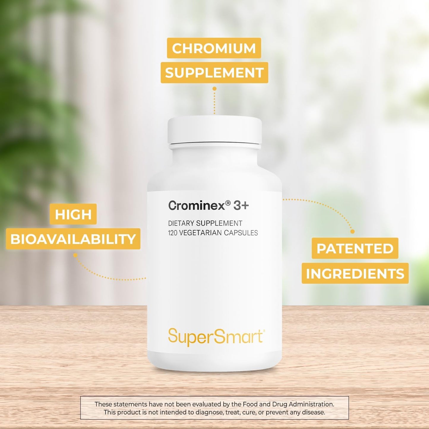 SuperSmart Crominex 3+ Chromium Supplement - 20mg Daily Dose - High Bioavailability - Advanced Formula with Polyphenol & Fulvic Acid - Non-GMO & Gluten Free - 120 Capsules