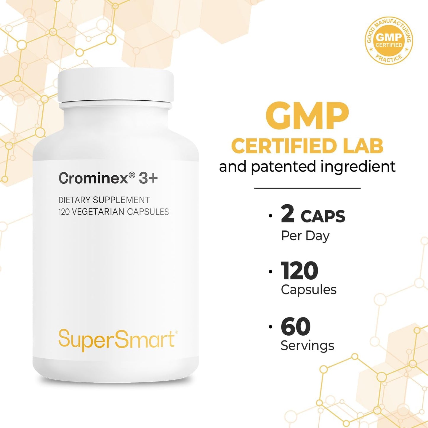 SuperSmart Crominex 3+ Chromium Supplement - 20mg Daily Dose - High Bioavailability - Advanced Formula with Polyphenol & Fulvic Acid - Non-GMO & Gluten Free - 120 Capsules