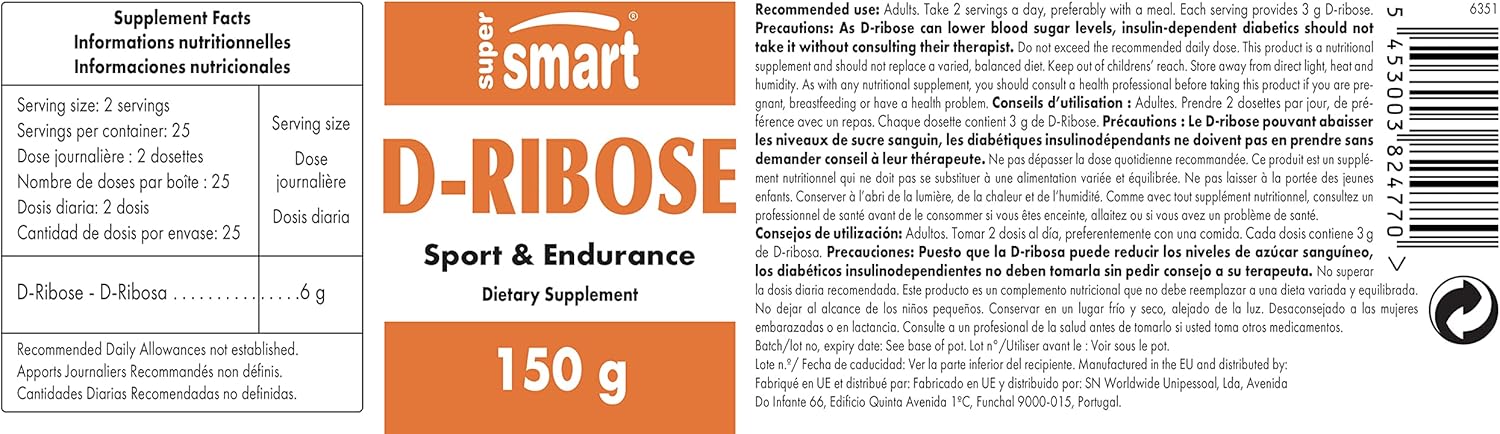 Supersmart D-Ribose Energy Pills: Supports ATP Production, Enhances Endurance & Recovery - Non-GMO & Gluten Free - 150g