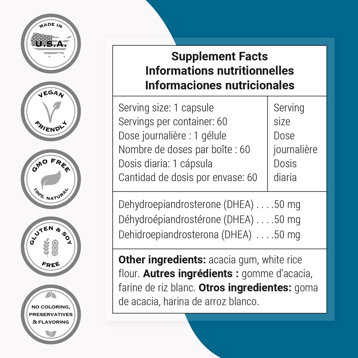 Supersmart DHEA 50mg Capsules - Daily Essential Non-GMO Supplement - 60 Vegetarian Capsules