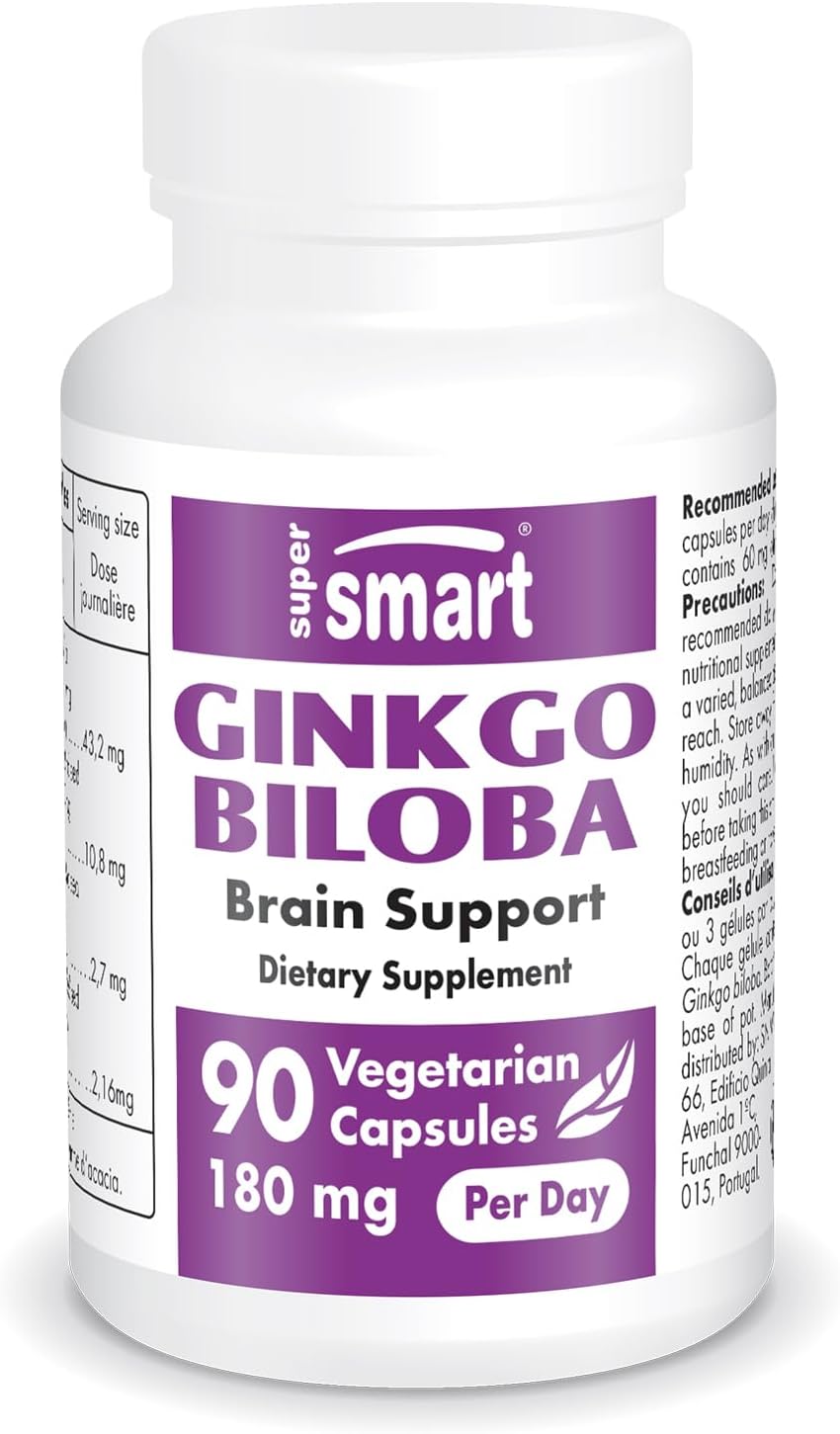 Supersmart Ginkgo Biloba Extract Capsules - 180 mg Per Serving - Standardized to 24% Ginkgo Flavonglycosides - Supports Peak Performance & Blood Flow - Non-GMO & Gluten Free - 90 Capsules