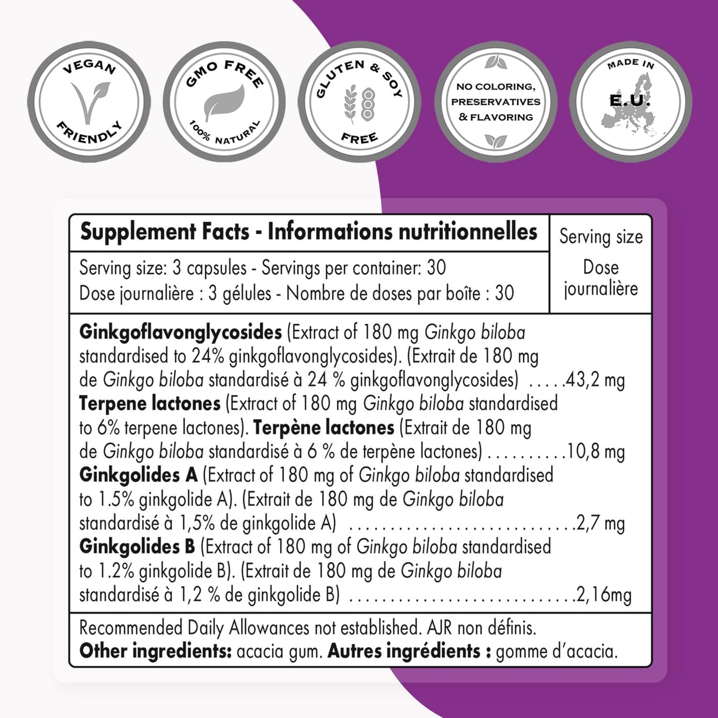 Supersmart Ginkgo Biloba Extract Capsules - 180 mg Per Serving - Standardized to 24% Ginkgo Flavonglycosides - Supports Peak Performance & Blood Flow - Non-GMO & Gluten Free - 90 Capsules