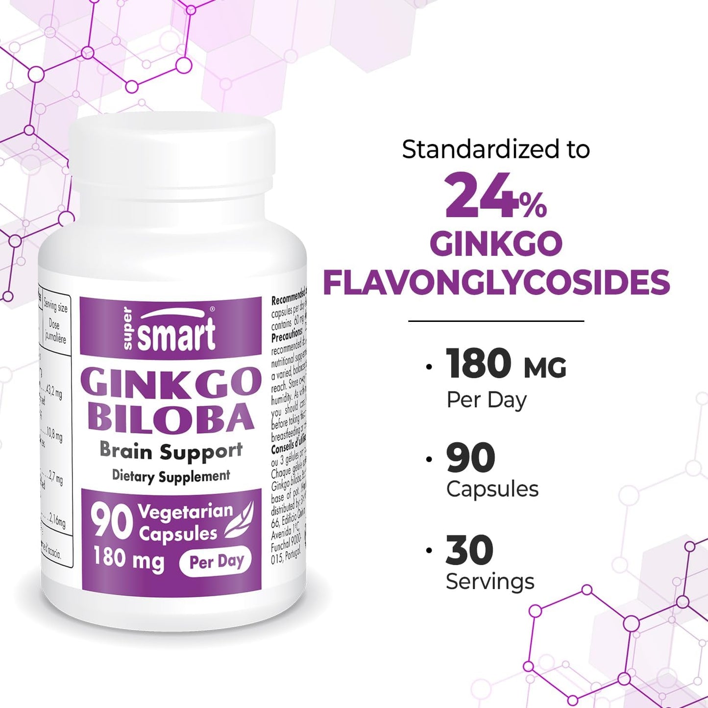 Supersmart Ginkgo Biloba Extract Capsules - 180 mg Per Serving - Standardized to 24% Ginkgo Flavonglycosides - Supports Peak Performance & Blood Flow - Non-GMO & Gluten Free - 90 Capsules