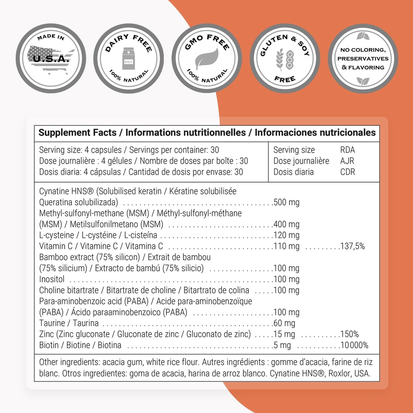 Supersmart Hair & Nails Formula Capsules with Patented Solubilized Keratine, Biotin, Bamboo Extract, MSM, Cynatine HNS Keratin - Non-GMO & Gluten Free - 120 Vegetarian Capsules