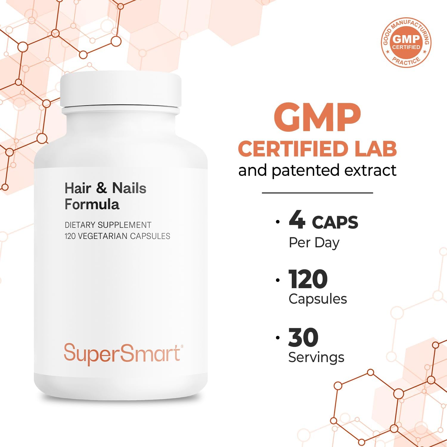 Supersmart Hair & Nails Formula Capsules with Patented Solubilized Keratine, Biotin, Bamboo Extract, MSM, Cynatine HNS Keratin - Non-GMO & Gluten Free - 120 Vegetarian Capsules