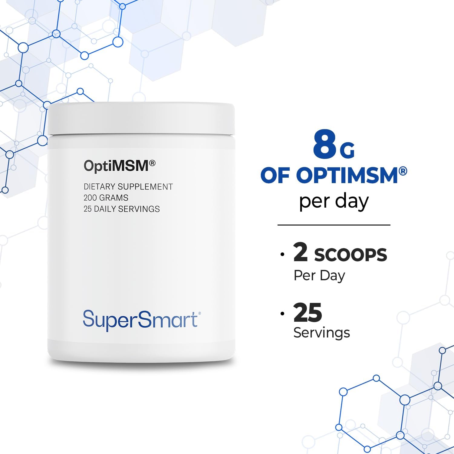 Supersmart OptiMSM: High Purity Methyl-Sulfonyl-Methane Formula - Non-GMO, Gluten Free (200g)