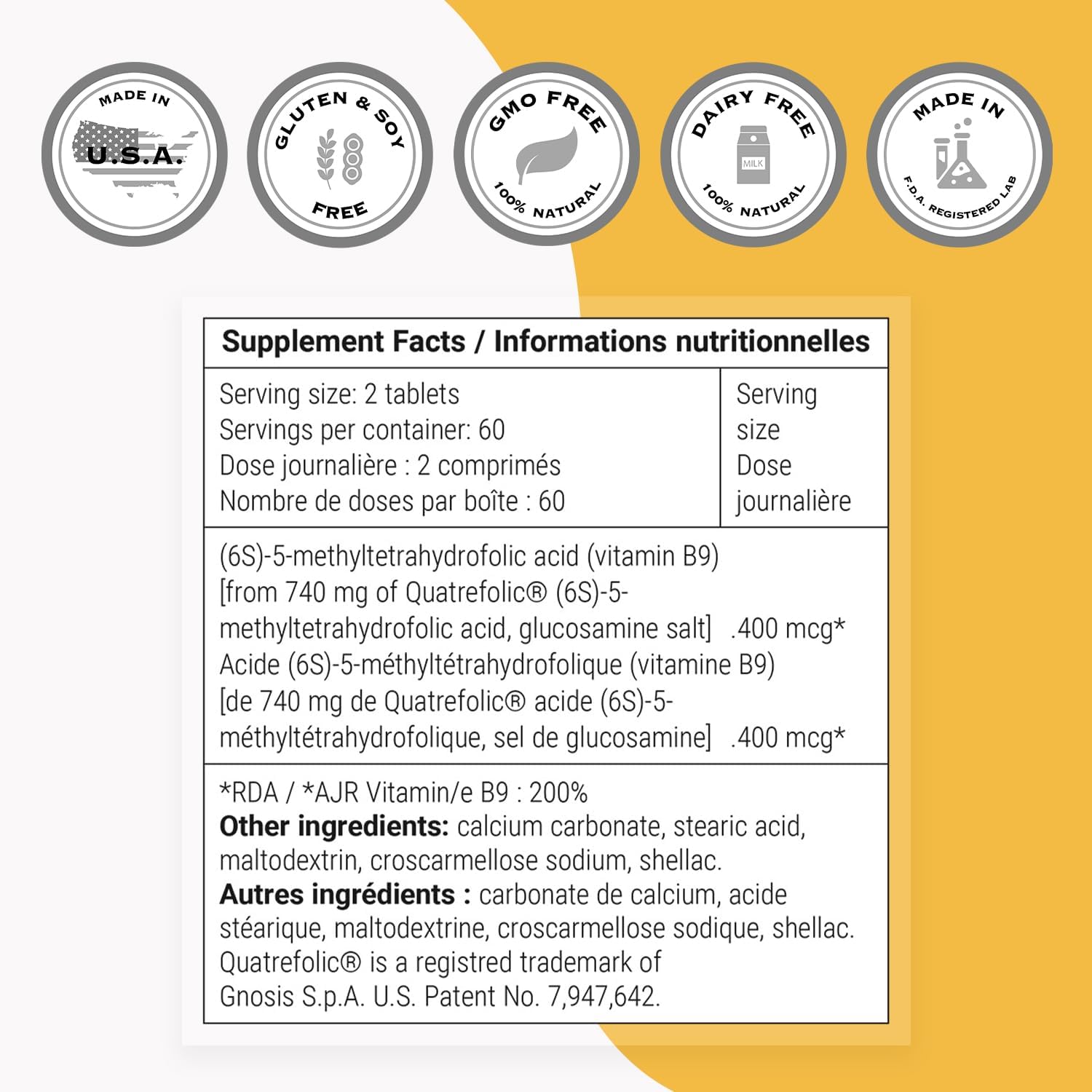 Supersmart SuperFolate 400mcg - Quatrefolic 5-MTHF Supplement - Active Folate Vitamin B9 - Non-GMO & Gluten Free - 120 Tablets