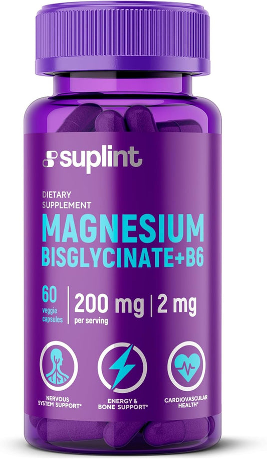 Suplint Magnesium Bisglycinate with Vitamin B6 - Daily Supplement for Metabolism, Immune, and Nervous System Support for Men and Women
