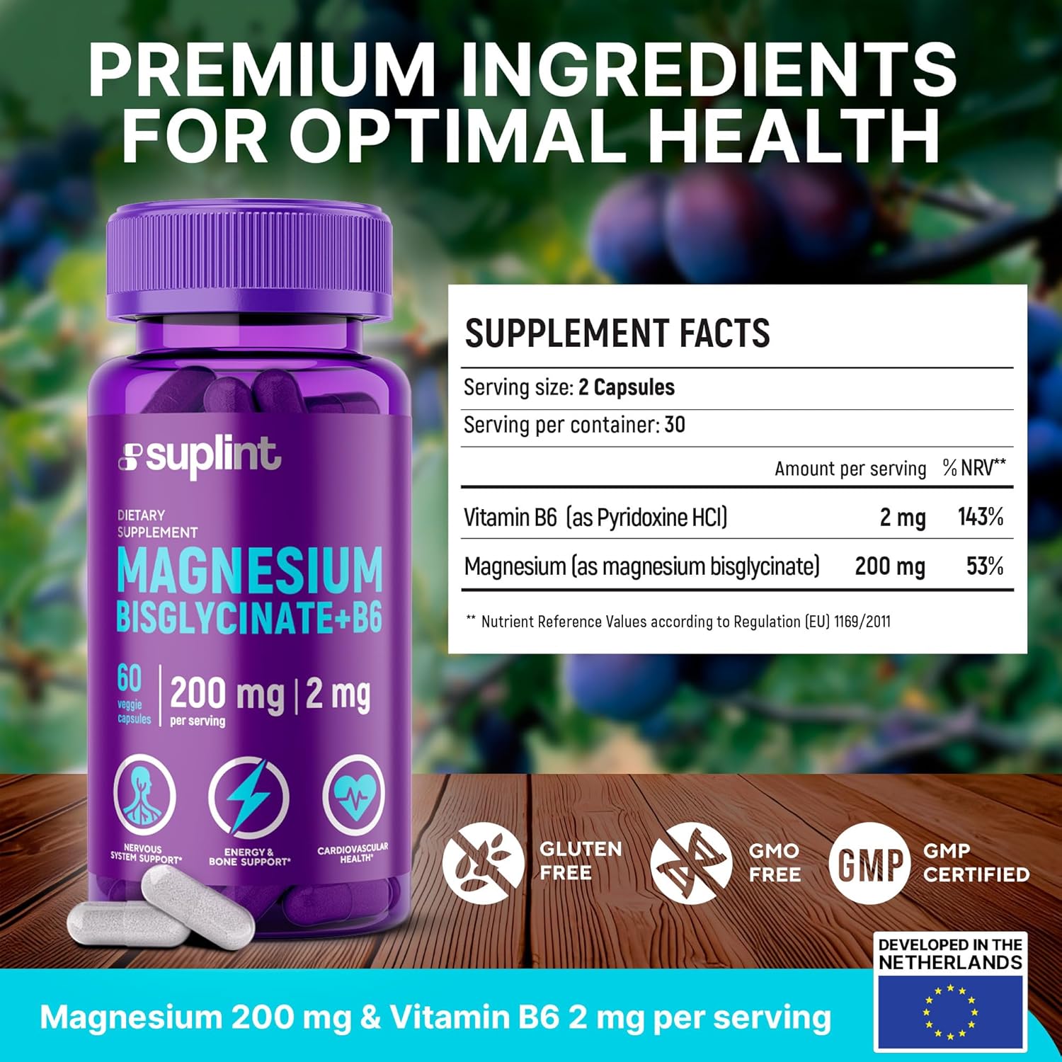 Suplint Magnesium Bisglycinate with Vitamin B6 - Daily Supplement for Metabolism, Immune, and Nervous System Support for Men and Women