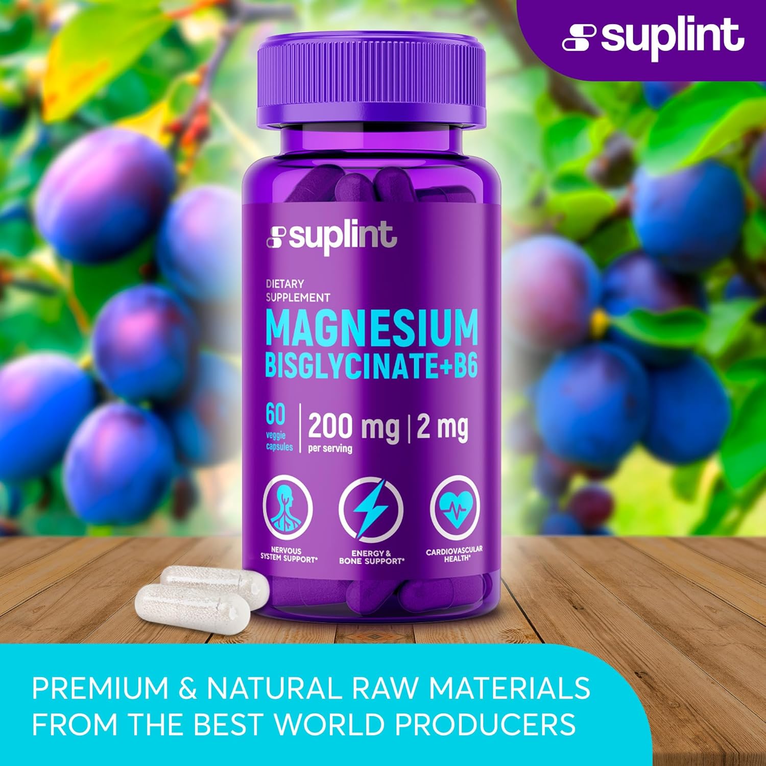 Suplint Magnesium Bisglycinate with Vitamin B6 - Daily Supplement for Metabolism, Immune, and Nervous System Support for Men and Women