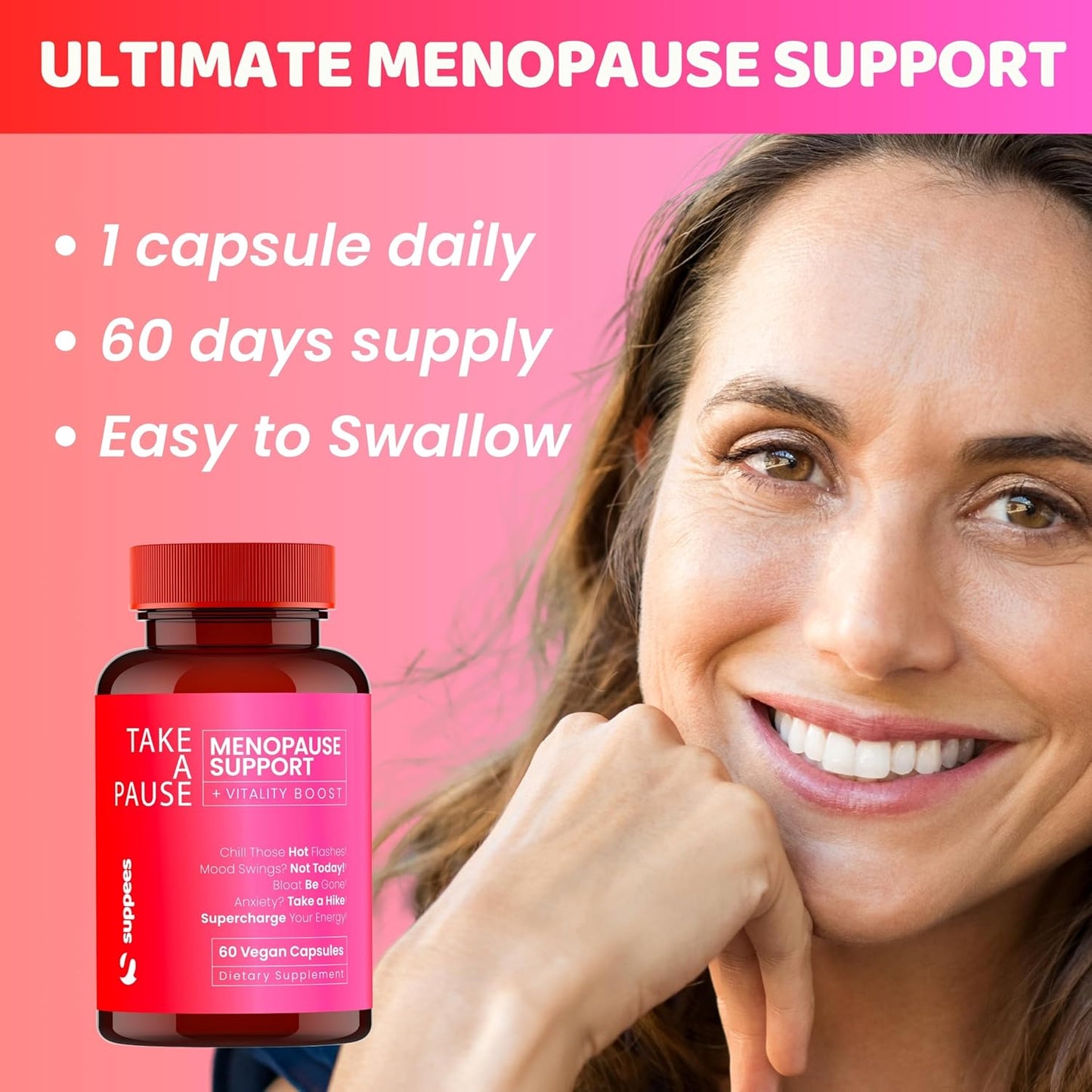 Suppees Menopause Relief Supplement: Natural 2-Month Supply for Women, Daily Capsule for Hot Flashes, Night Sweats, Mood Swings, Hormone Balance, Bloating, Sleep Support