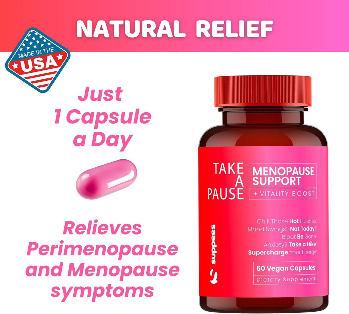 Suppees Menopause Relief Supplement: Natural 2-Month Supply for Women, Daily Capsule for Hot Flashes, Night Sweats, Mood Swings, Hormone Balance, Bloating, Sleep Support