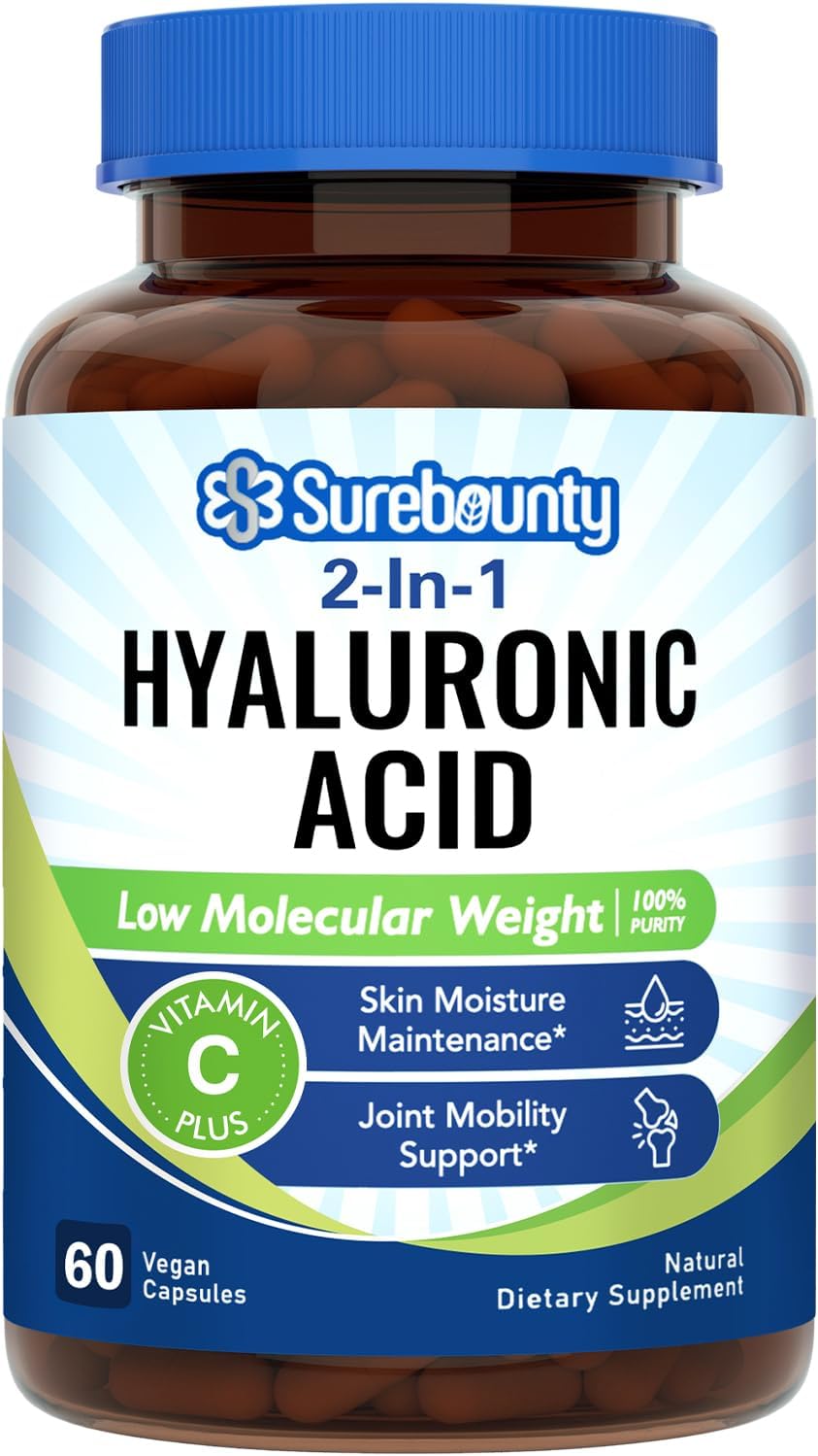 Surebounty Hyaluronic Acid Capsules with Vitamin C for Hydration, Joint Health, and Antioxidant Support - 60 Vegan Capsules