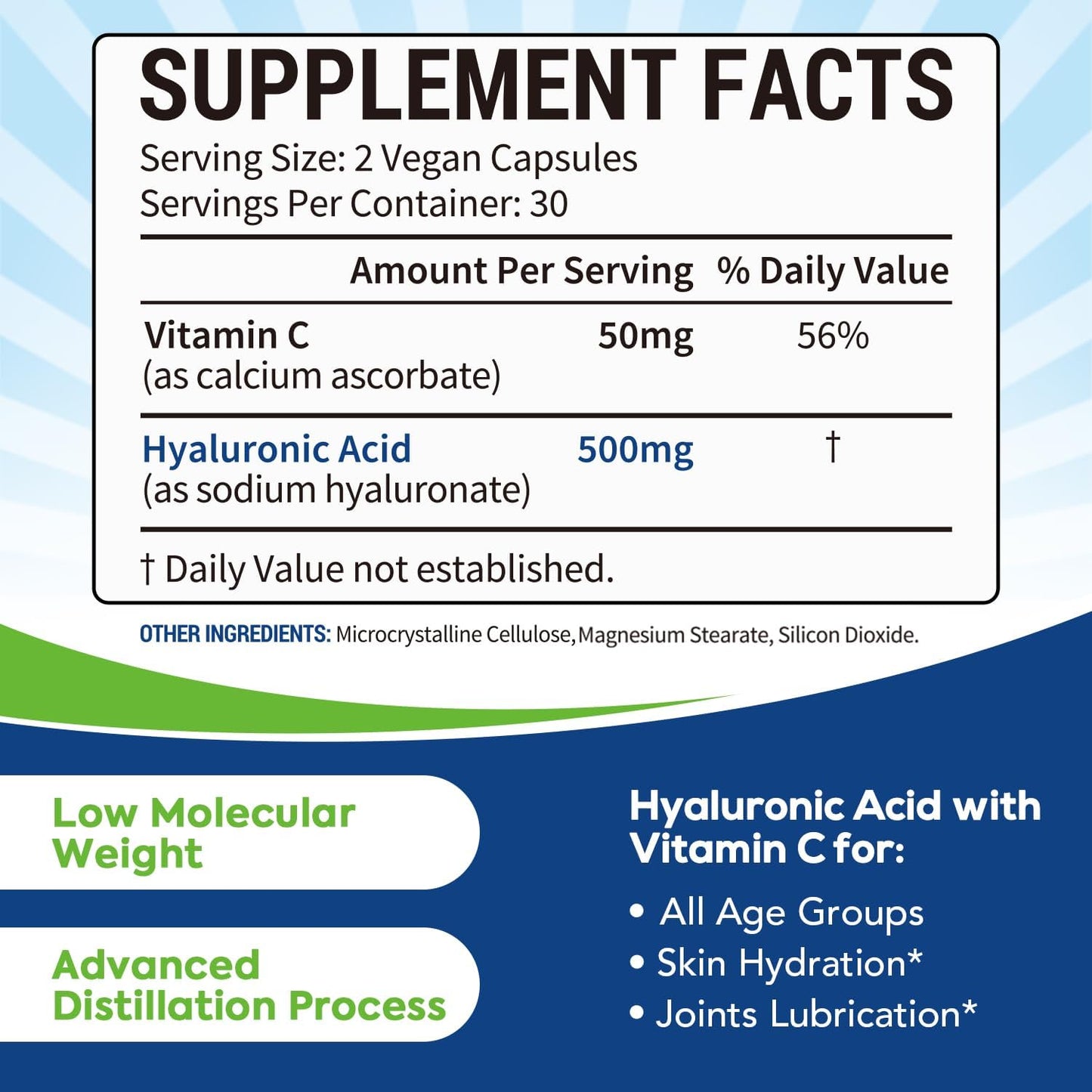 Surebounty Hyaluronic Acid Capsules with Vitamin C for Hydration, Joint Health, and Antioxidant Support - 60 Vegan Capsules