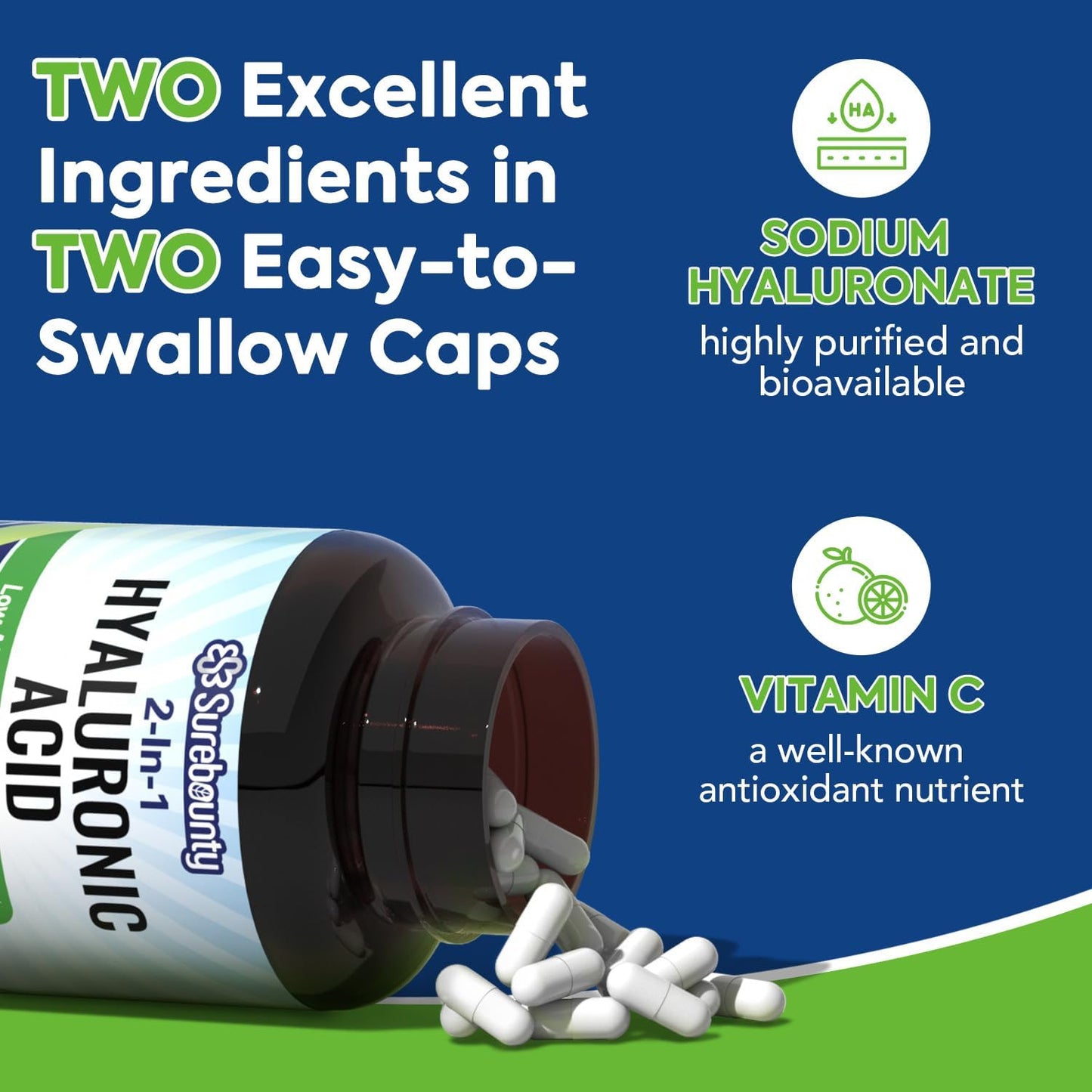 Surebounty Hyaluronic Acid Capsules with Vitamin C for Hydration, Joint Health, and Antioxidant Support - 60 Vegan Capsules