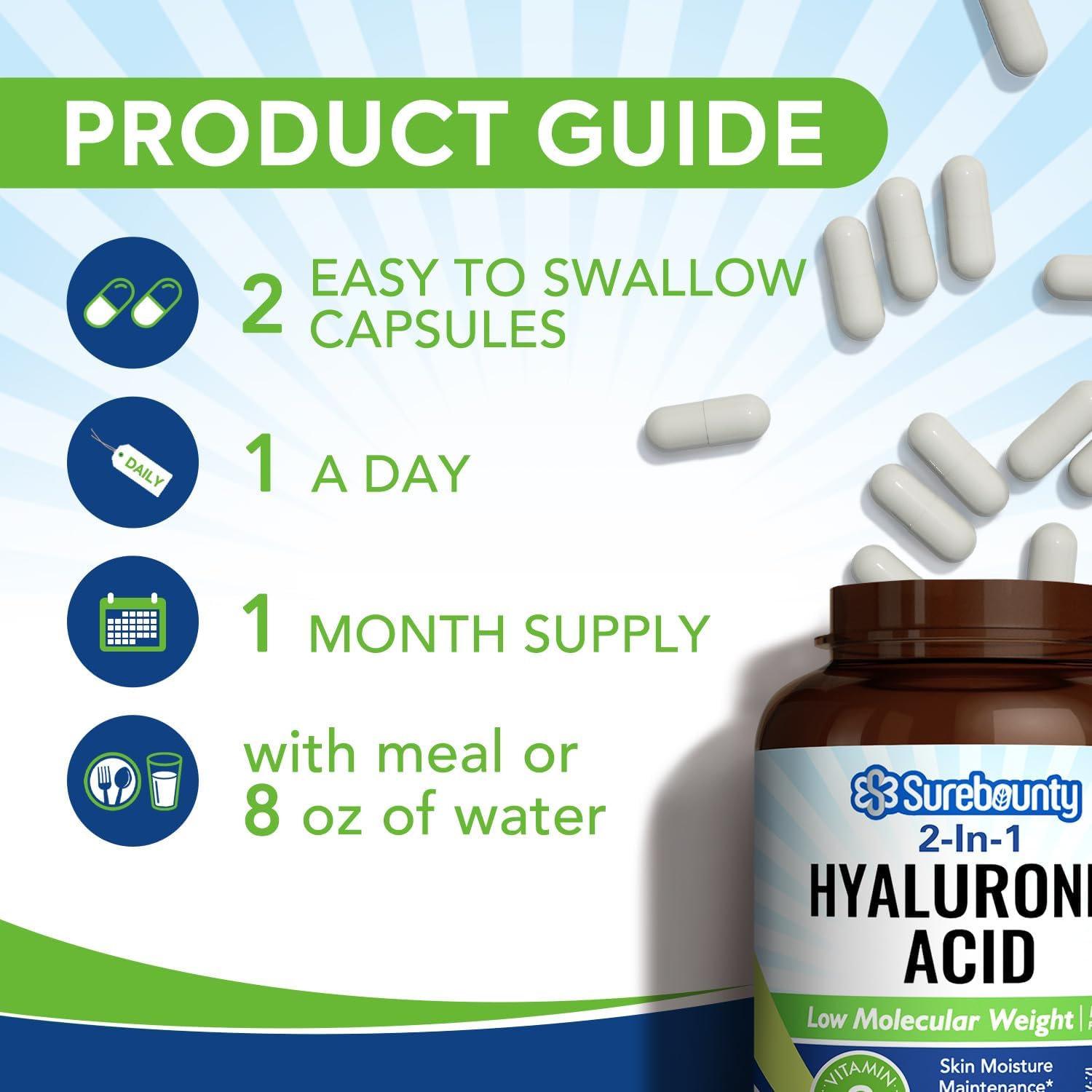 Surebounty Hyaluronic Acid Capsules with Vitamin C for Hydration, Joint Health, and Antioxidant Support - 60 Vegan Capsules