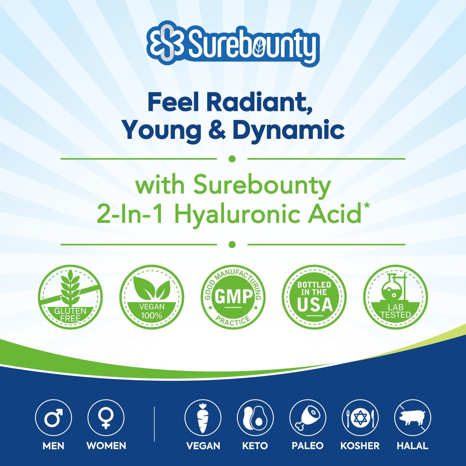Surebounty Hyaluronic Acid Capsules with Vitamin C for Hydration, Joint Health, and Antioxidant Support - 60 Vegan Capsules