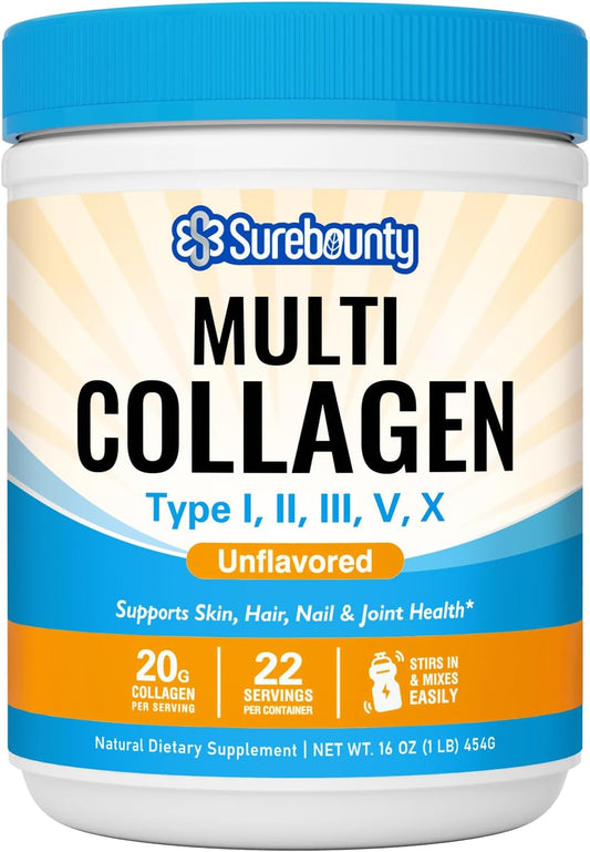 Surebounty Multi Collagen Powder 16oz - Type I II III V X, Hydrolyzed Peptides for Skin, Hair, Nails & Joints - Zero Sugar, Easy Dissolve Formula - Unflavored Beauty Supplement