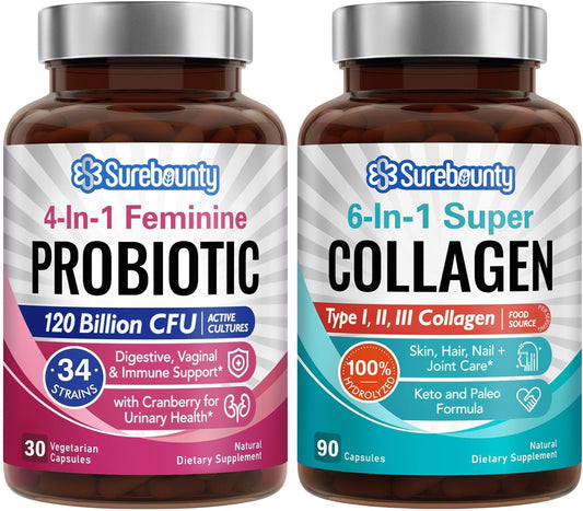 Surebounty Probiotic & Collagen Bundle: 4-in-1 Women's Probiotic + 6-in-1 Collagen, Cranberry, Digestive & Anti-Aging Support, Non-GMO - 2 Pack