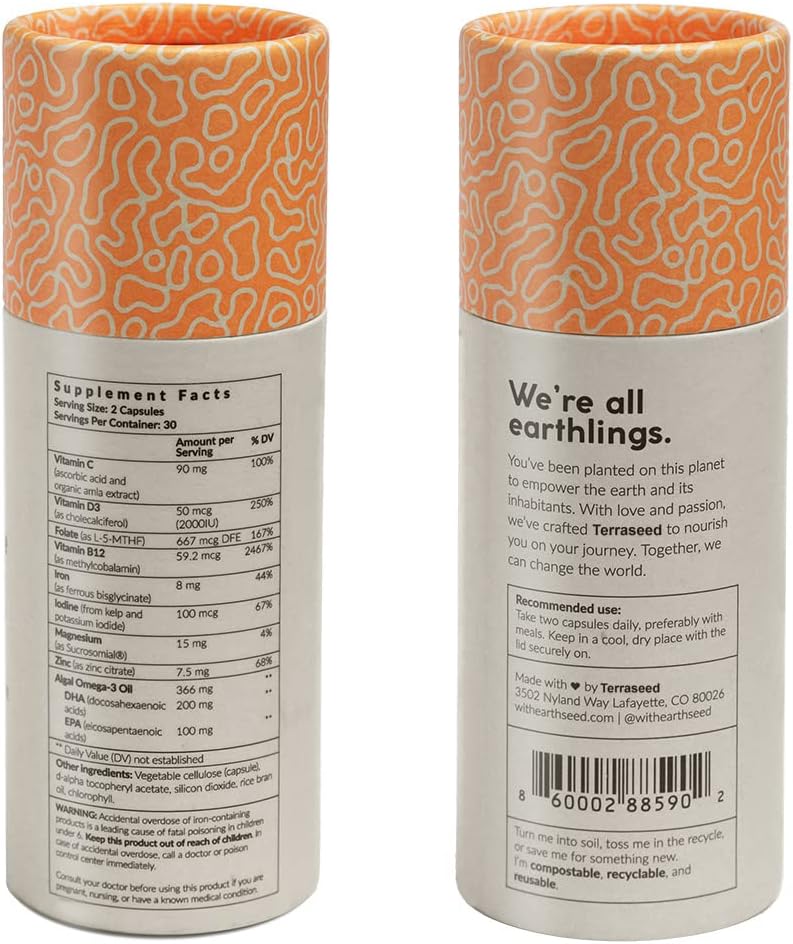 Sustainable Vegan Multivitamin with Iron, Omega 3, Vitamin D3, Folate, Zinc, B12 - Non-GMO, Gluten Free - Made in USA - 30 Day Supply