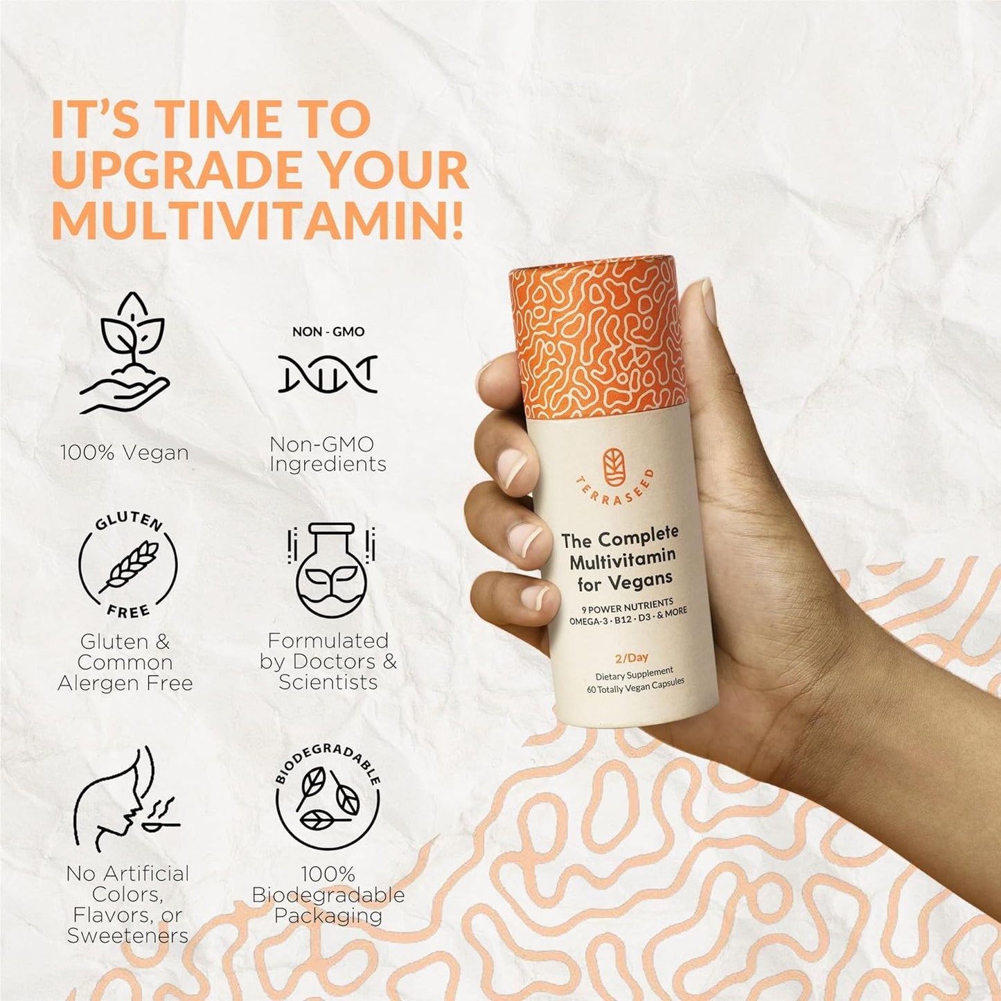 Sustainable Vegan Multivitamin with Iron, Omega 3, Vitamin D3, Folate, Zinc, B12 - Non-GMO, Gluten Free - Made in USA - 30 Day Supply