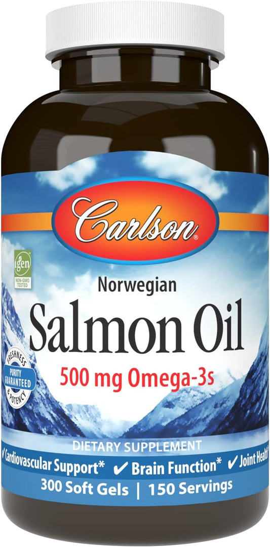 Sustainably Sourced Norwegian Salmon Oil Capsules, 500mg Omega-3s for Brain, Heart & Joint Health - 300 Softgels