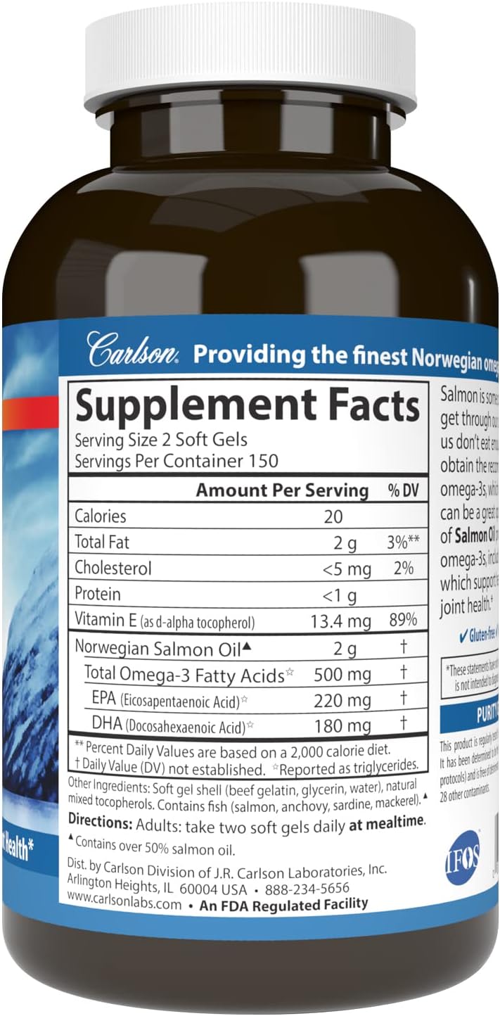 Sustainably Sourced Norwegian Salmon Oil Capsules, 500mg Omega-3s for Brain, Heart & Joint Health - 300 Softgels