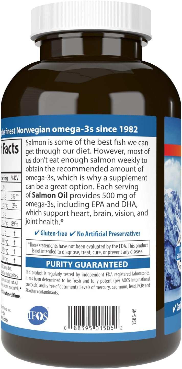 Sustainably Sourced Norwegian Salmon Oil Capsules, 500mg Omega-3s for Brain, Heart & Joint Health - 300 Softgels