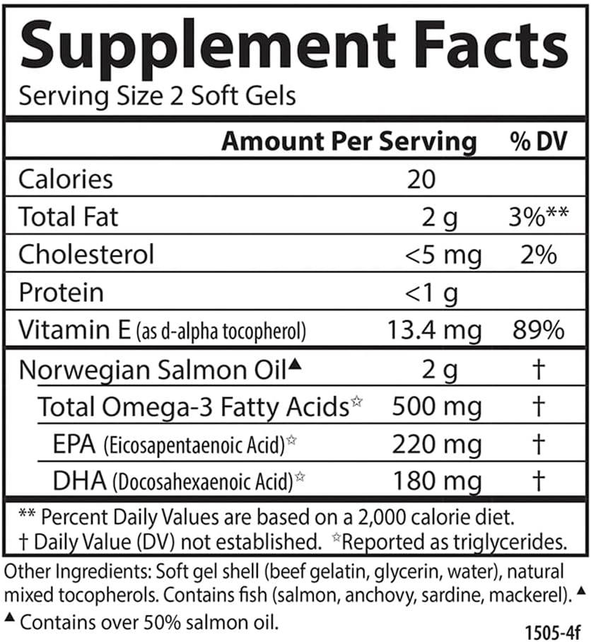 Sustainably Sourced Norwegian Salmon Oil Capsules, 500mg Omega-3s for Brain, Heart & Joint Health - 300 Softgels