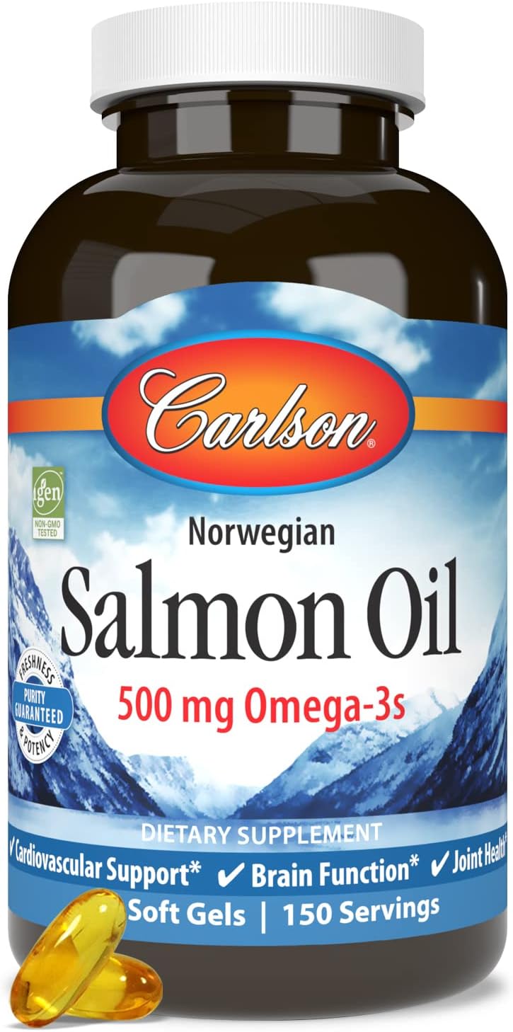 Sustainably Sourced Norwegian Salmon Oil Capsules, 500mg Omega-3s for Brain, Heart & Joint Health - 300 Softgels