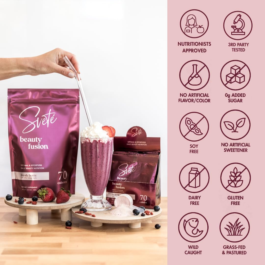 Sveté Women's Hydrolyzed Collagen Powder with Multi Beauty Superfood Ingredients - Hyaluronic Acid, Biotin, Vitamin C, Zinc, Probiotics, CoQ10 | Keto Protein | Berry Flavor (7 Single Serve Packets)