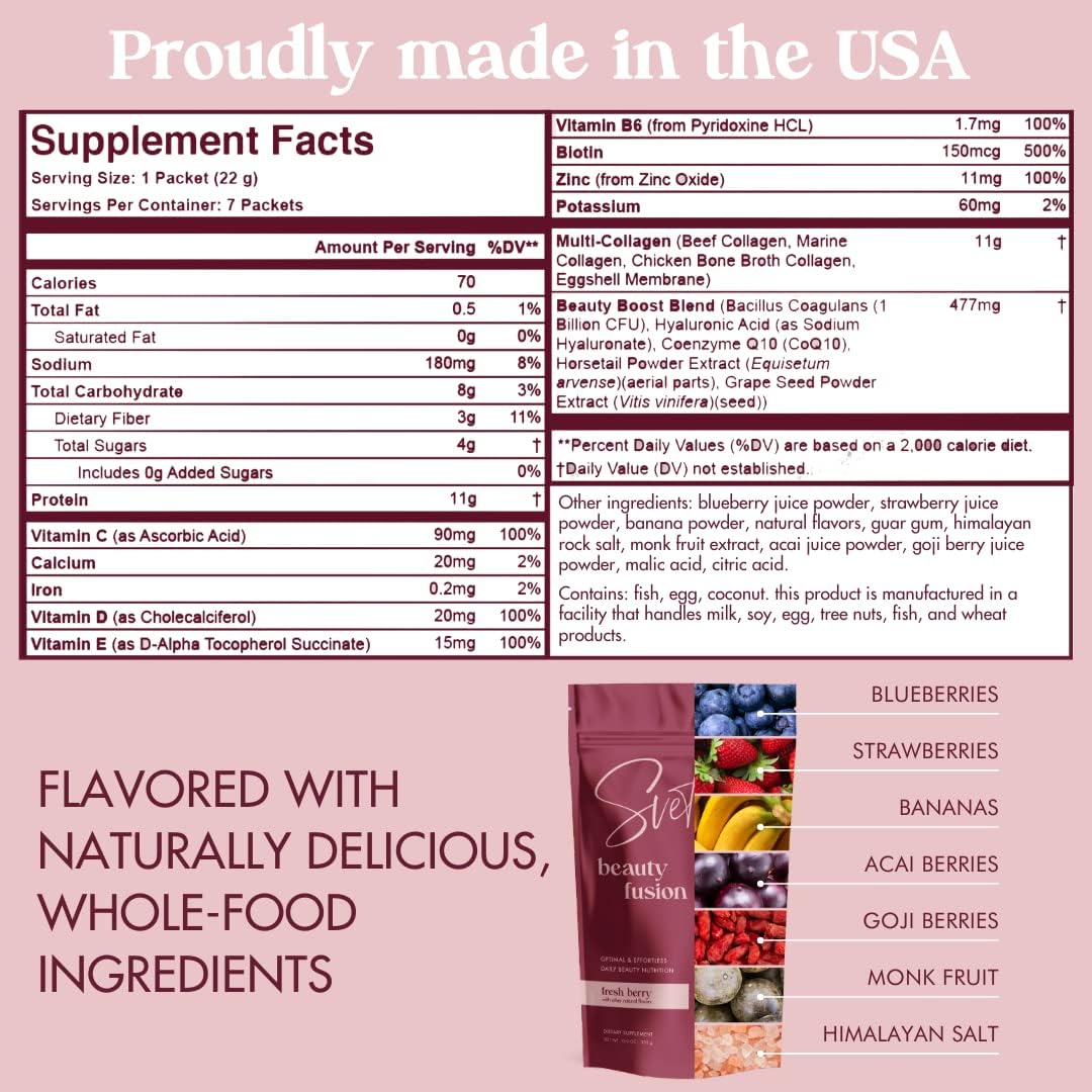 Sveté Women's Hydrolyzed Collagen Powder with Multi Beauty Superfood Ingredients - Hyaluronic Acid, Biotin, Vitamin C, Zinc, Probiotics, CoQ10 | Keto Protein | Berry Flavor (7 Single Serve Packets)