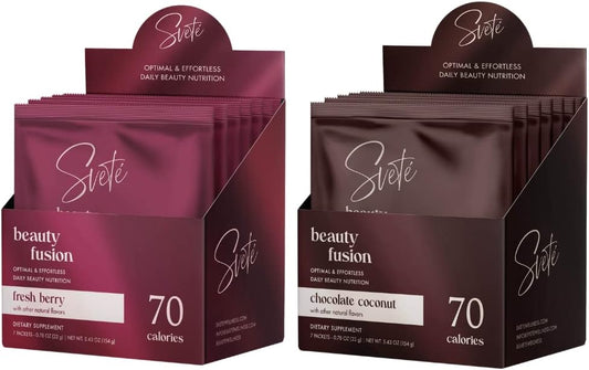 Svete Hydrolyzed Multi Collagen Packets with Horsetail, Biotin, VIT C, Hyaluronic Acid, CoQ10, Zinc | Chocolate & Berry Drink Bundle for Healthy Aging | Beauty Powder On-the-Go