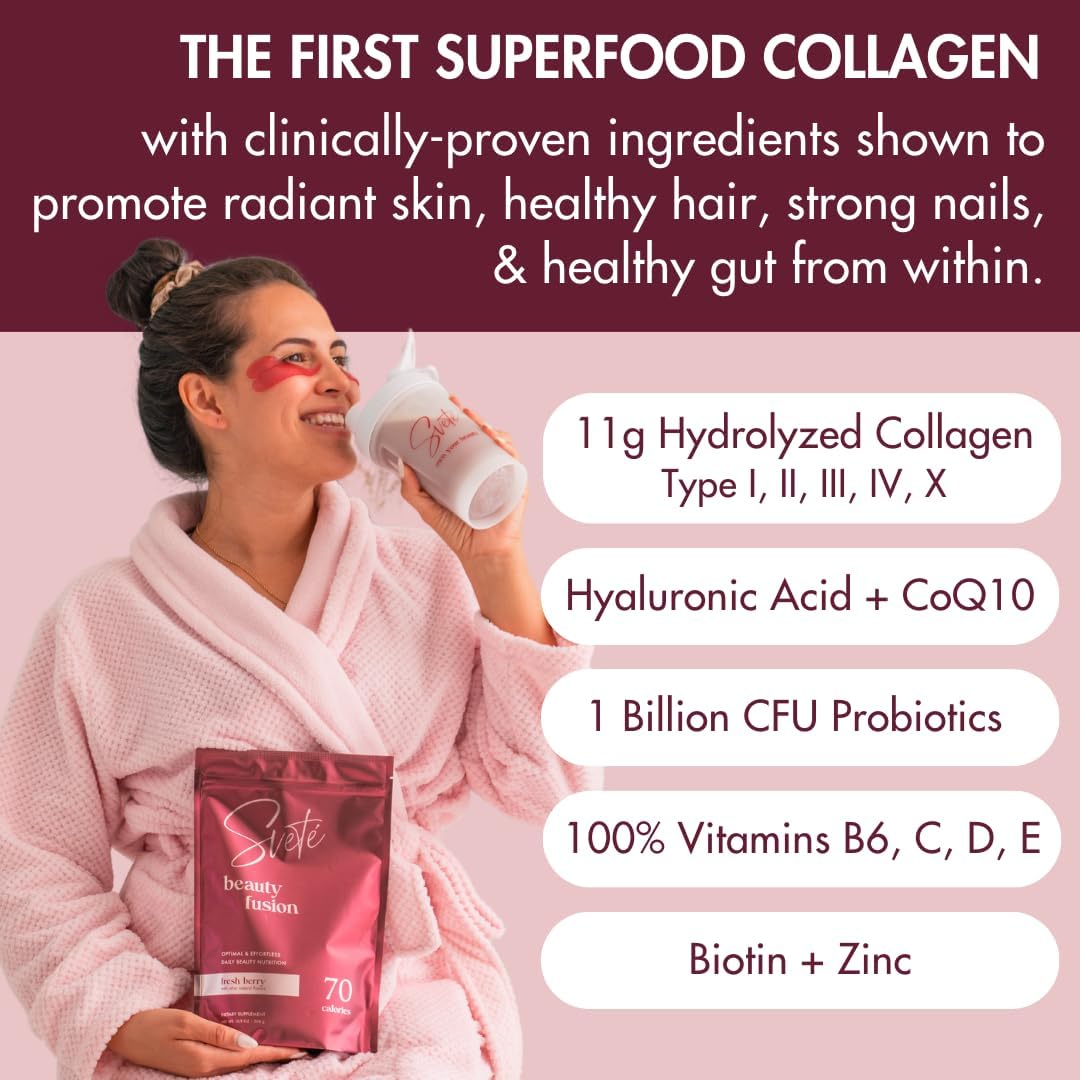 Svete Hydrolyzed Multi Collagen Powder Beauty Superfood for Women - Berry Flavor Keto Supplement with Vitamins, Probiotics, Peptides for Aging Skin, Hair, Nails, Joints, and Gut Health