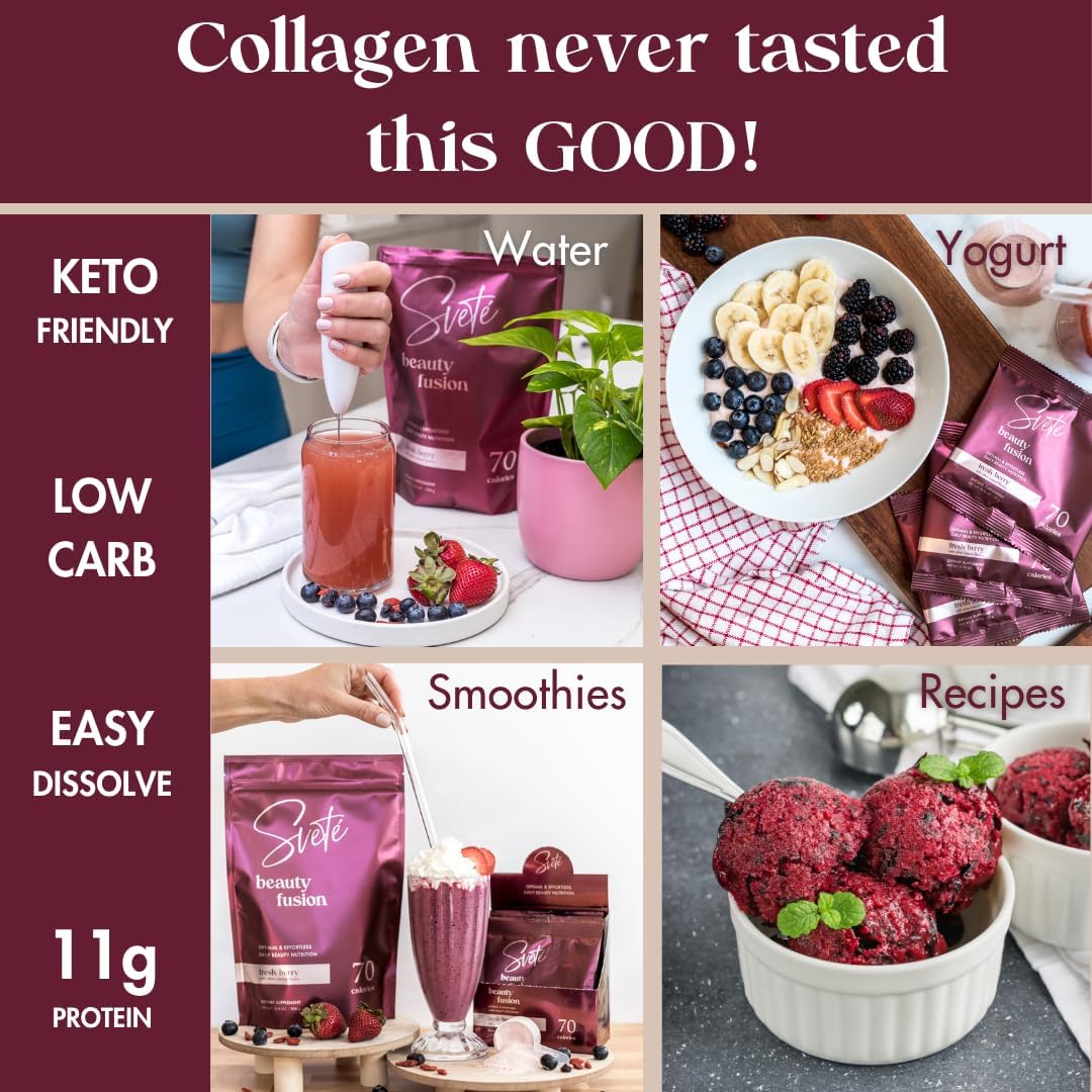 Svete Hydrolyzed Multi Collagen Powder Beauty Superfood for Women - Berry Flavor Keto Supplement with Vitamins, Probiotics, Peptides for Aging Skin, Hair, Nails, Joints, and Gut Health