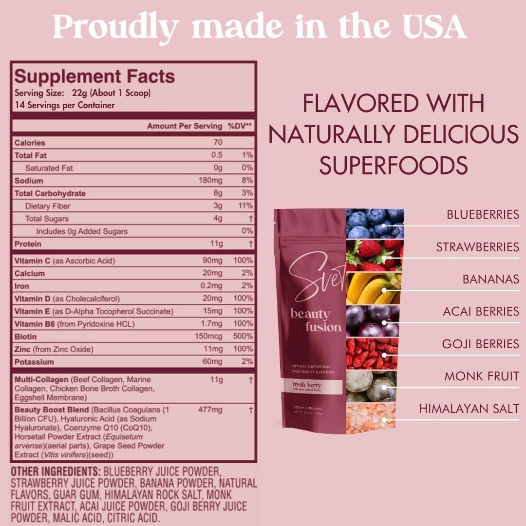 Svete Hydrolyzed Multi Collagen Powder Beauty Superfood for Women - Berry Flavor Keto Supplement with Vitamins, Probiotics, Peptides for Aging Skin, Hair, Nails, Joints, and Gut Health