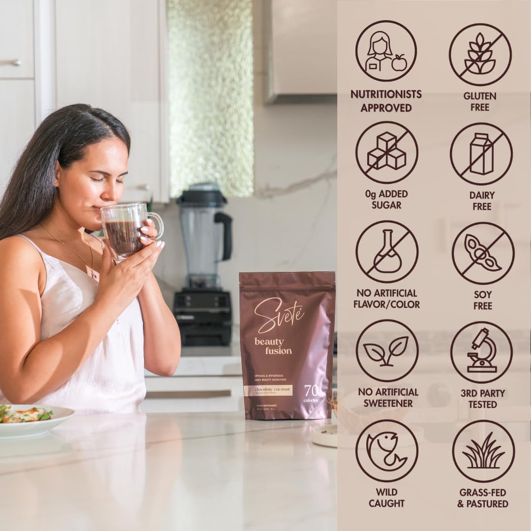 Svete Hydrolyzed Multi Collagen with Vitamins, Biotin, Hyaluronic Acid, CoQ10, Probiotics, Zinc | Keto Chocolate Protein Drink Powder (7 Travel Packs) for Women - Hair, Skin, Beauty Supplement