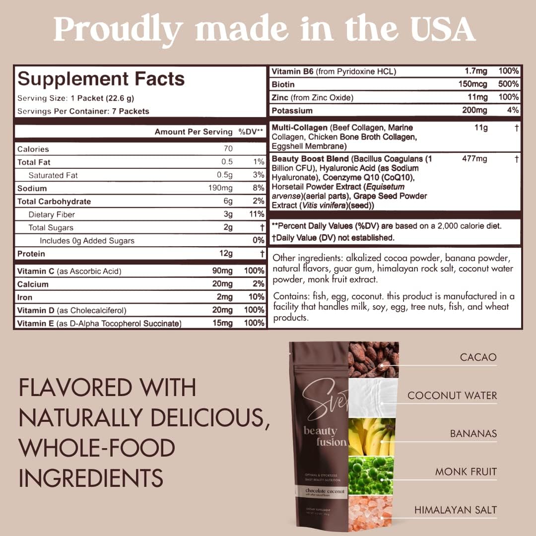 Svete Hydrolyzed Multi Collagen with Vitamins, Biotin, Hyaluronic Acid, CoQ10, Probiotics, Zinc | Keto Chocolate Protein Drink Powder (7 Travel Packs) for Women - Hair, Skin, Beauty Supplement