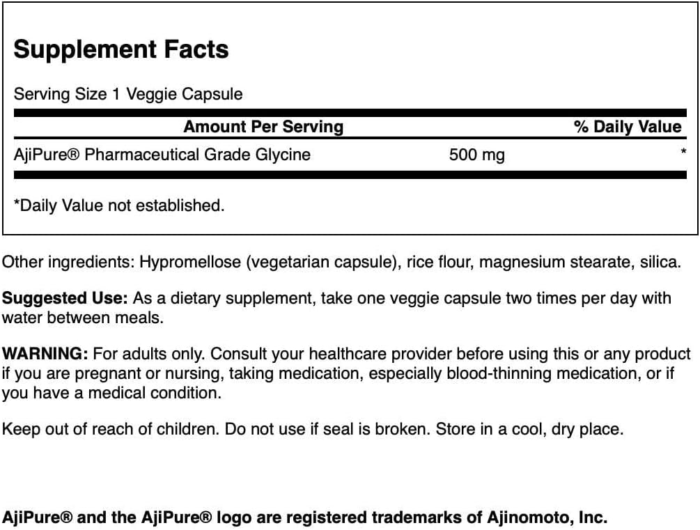 Swanson Ajipure Glycine Amino Acid Capsules - 500mg, 60 Count, Pharmaceutical Grade