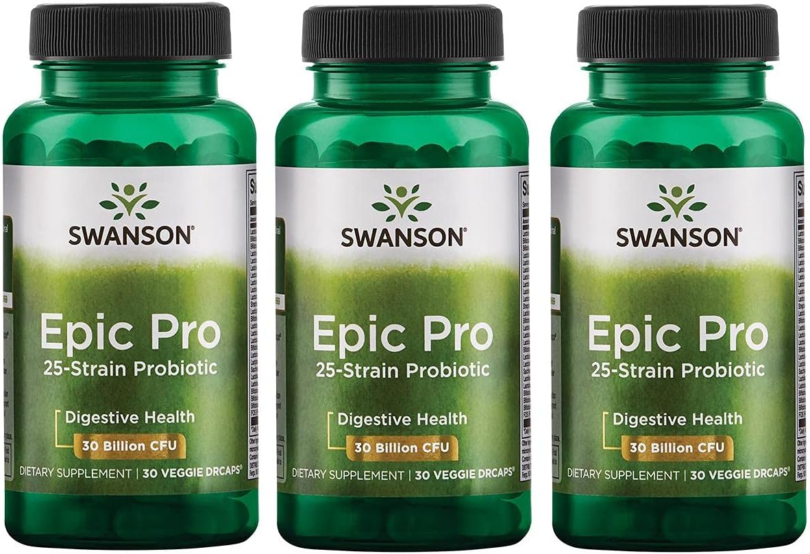 Swanson Epic-Pro 25-Strain Probiotic 30 Billion CFU with Prebiotic Nutraflora FOS - 90 Veggie Capsules for Digestive & Immune Health