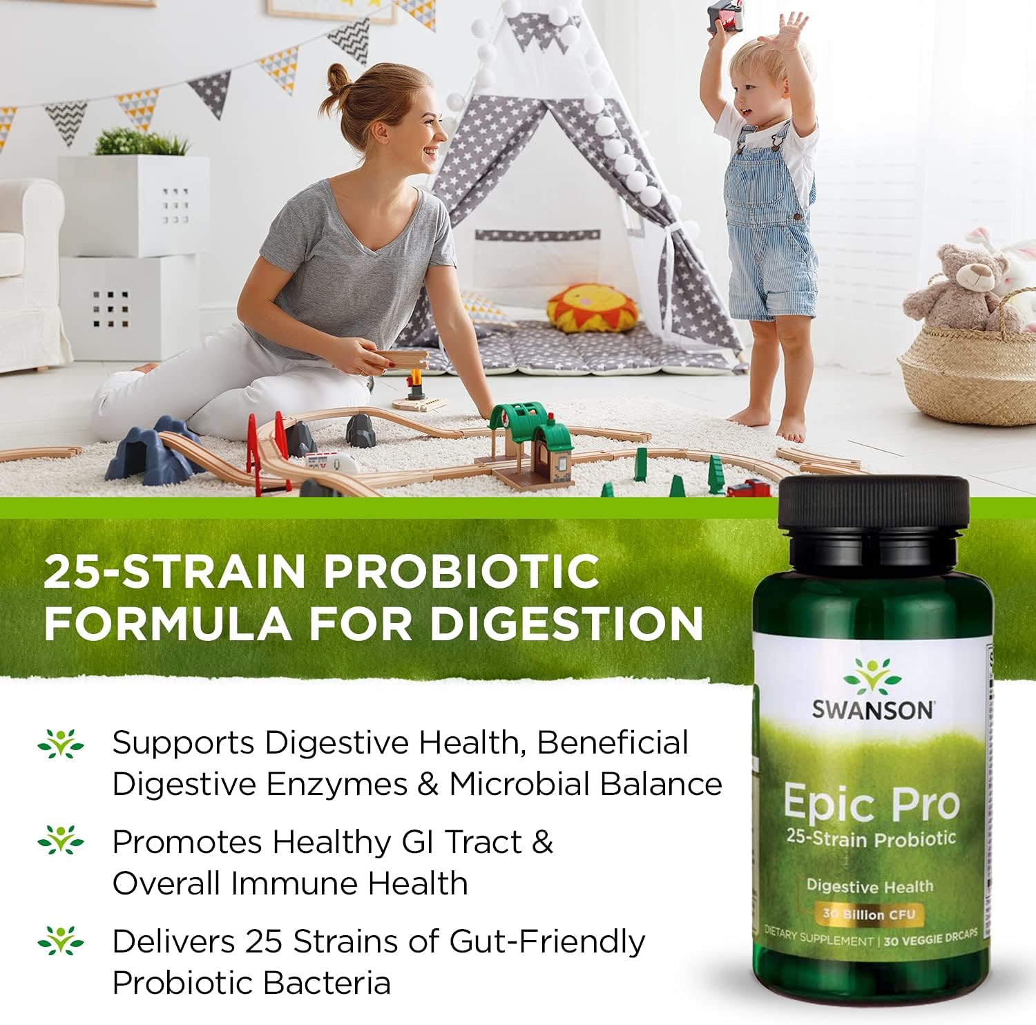 Swanson Epic-Pro 25-Strain Probiotic 30 Billion CFU with Prebiotic Nutraflora FOS - 90 Veggie Capsules for Digestive & Immune Health