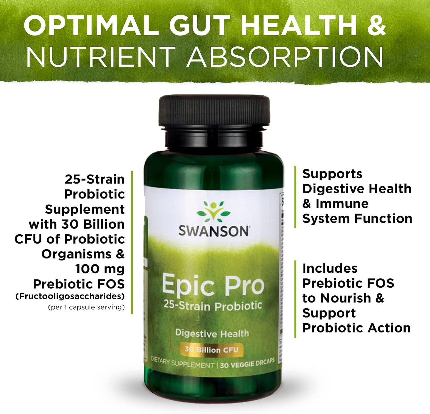 Swanson Epic-Pro 25-Strain Probiotic 30 Billion CFU with Prebiotic Nutraflora FOS - 90 Veggie Capsules for Digestive & Immune Health