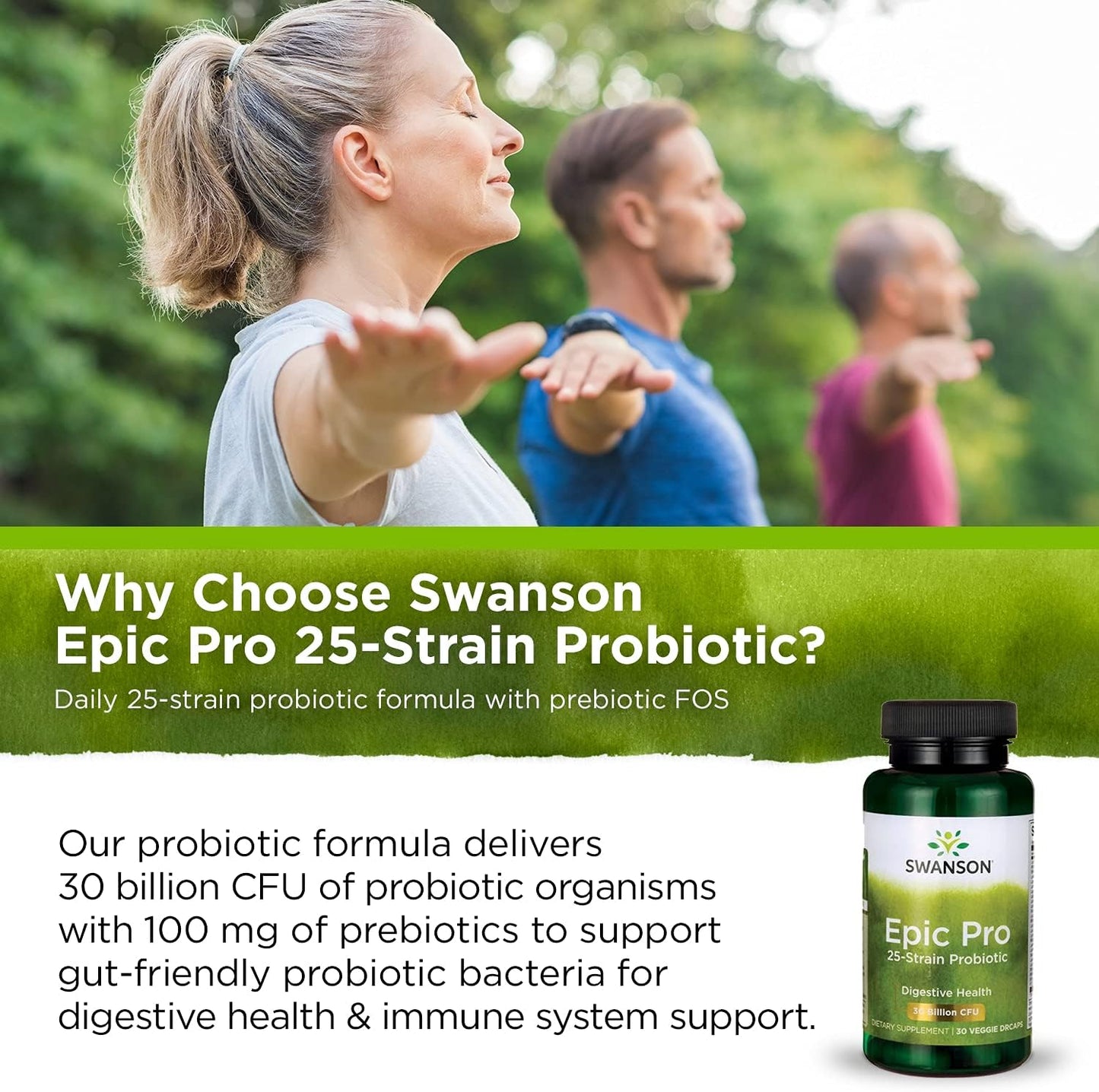 Swanson Epic-Pro 25-Strain Probiotic 30 Billion CFU with Prebiotic Nutraflora FOS - 90 Veggie Capsules for Digestive & Immune Health