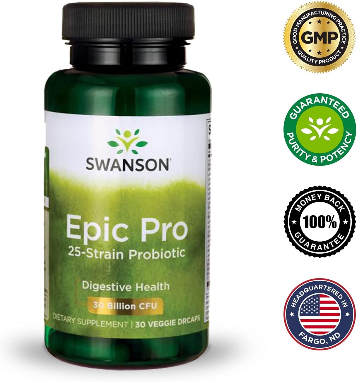 Swanson Epic-Pro 25-Strain Probiotic 30 Billion CFU with Prebiotic Nutraflora FOS - 90 Veggie Capsules for Digestive & Immune Health
