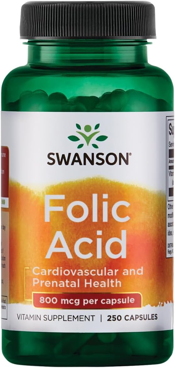 Swanson Folic Acid 800 mcg with 335 mcg Dfe Folate - 250 Capsules for Healthy Cells and DNA Synthesis