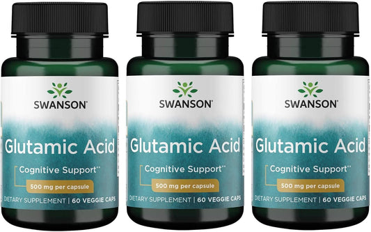 Swanson Glutamic Acid Amino Acid Supplement 500mg 60 Veg Capsules - Pack of 3