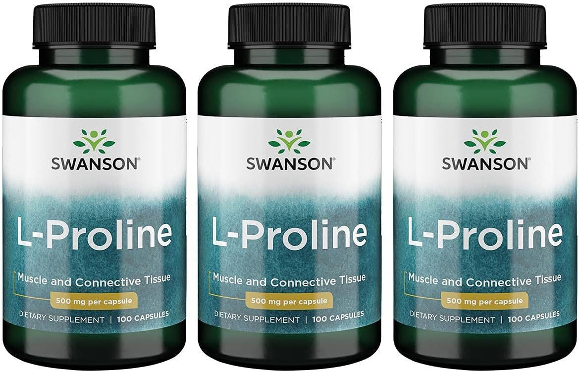 Swanson L-Proline Amino Acid Supplement for Collagen & Connective Tissue - 500mg, 100 Capsules (3 Pack)