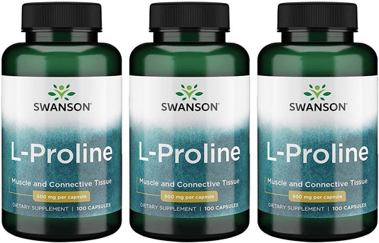 Swanson L-Proline Amino Acid Supplement for Collagen & Connective Tissue - 500mg, 100 Capsules (3 Pack)