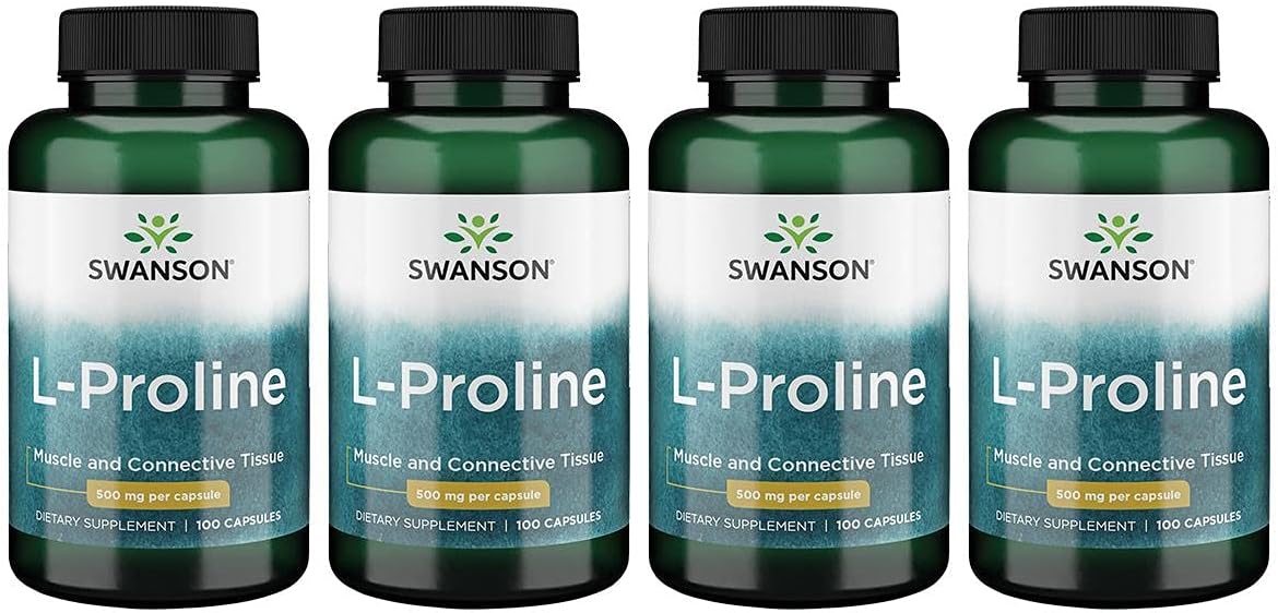 Swanson L-Proline Amino Acid Supplement for Collagen & Connective Tissue Support - 500mg, 100 Capsules (4 Pack)