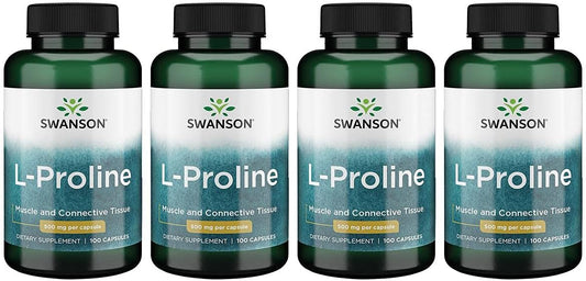 Swanson L-Proline Amino Acid Supplement for Collagen & Connective Tissue Support - 500mg, 100 Capsules (4 Pack)